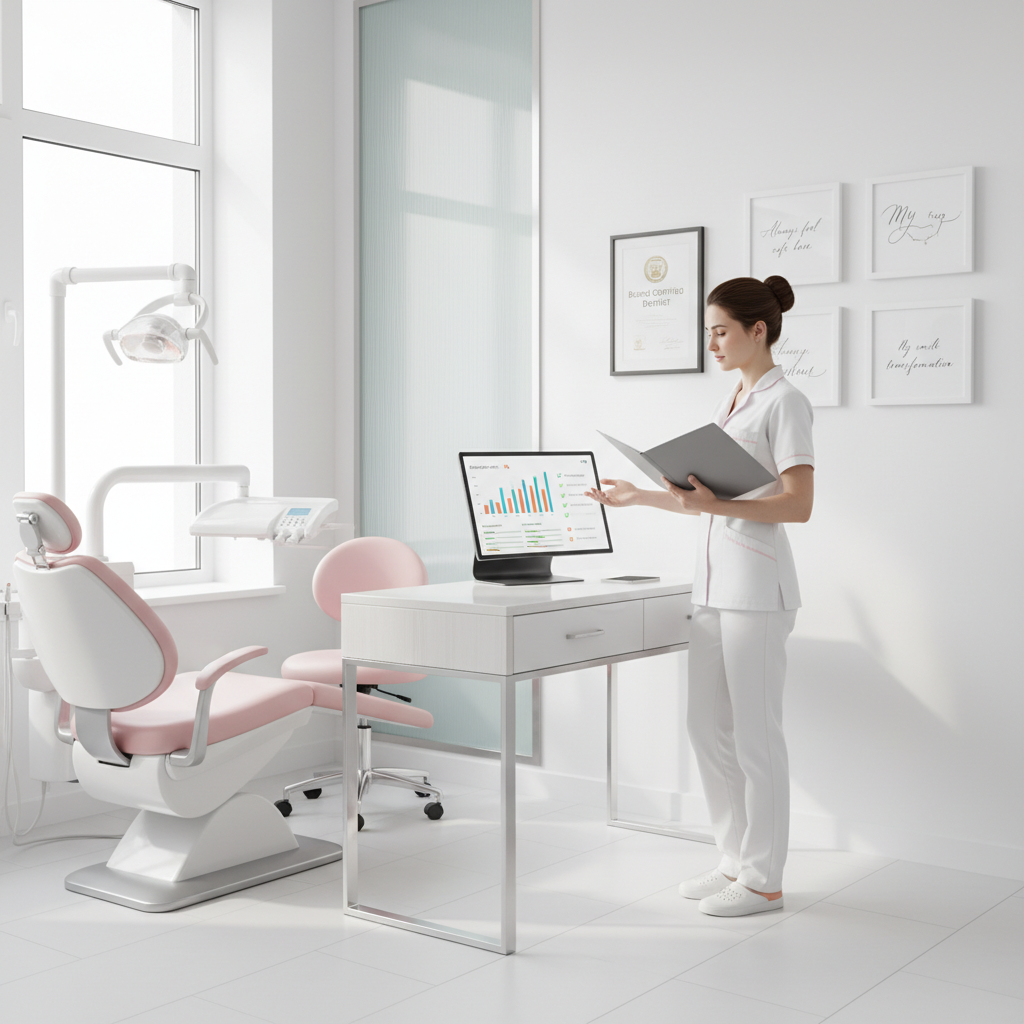 Modern dental treatment room with dentist reviewing files, digital dashboard, certificates, and testimonials.