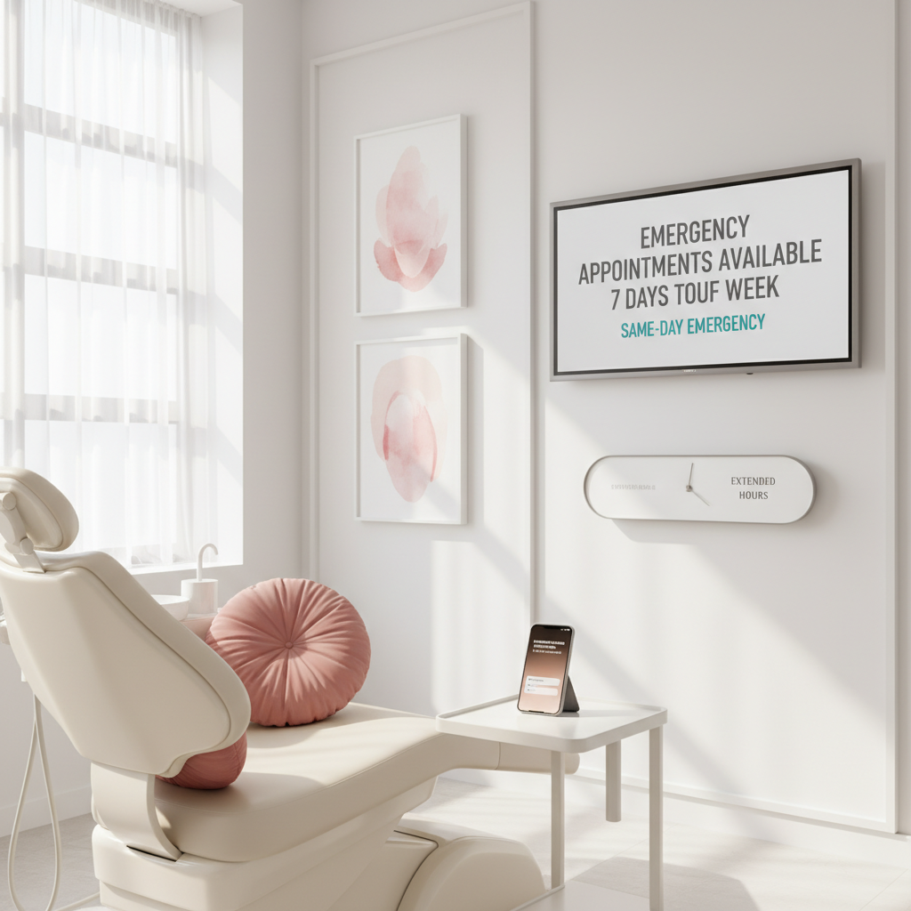 Modern dental treatment room with digital dashboard, smartphone notification, and soft pink accents.