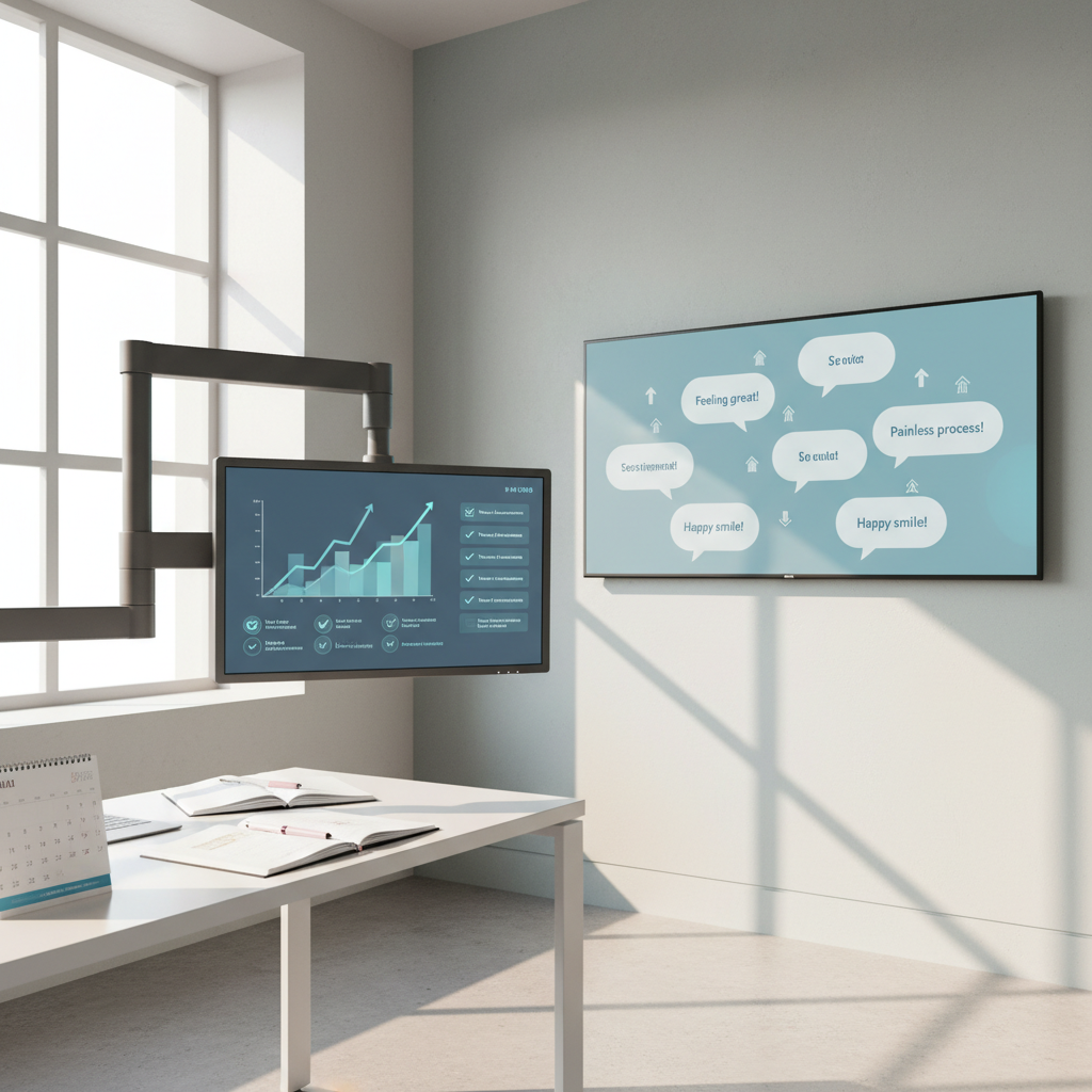 Modern dental treatment room with digital dashboard, planning notes, calendar, and testimonial bubbles.