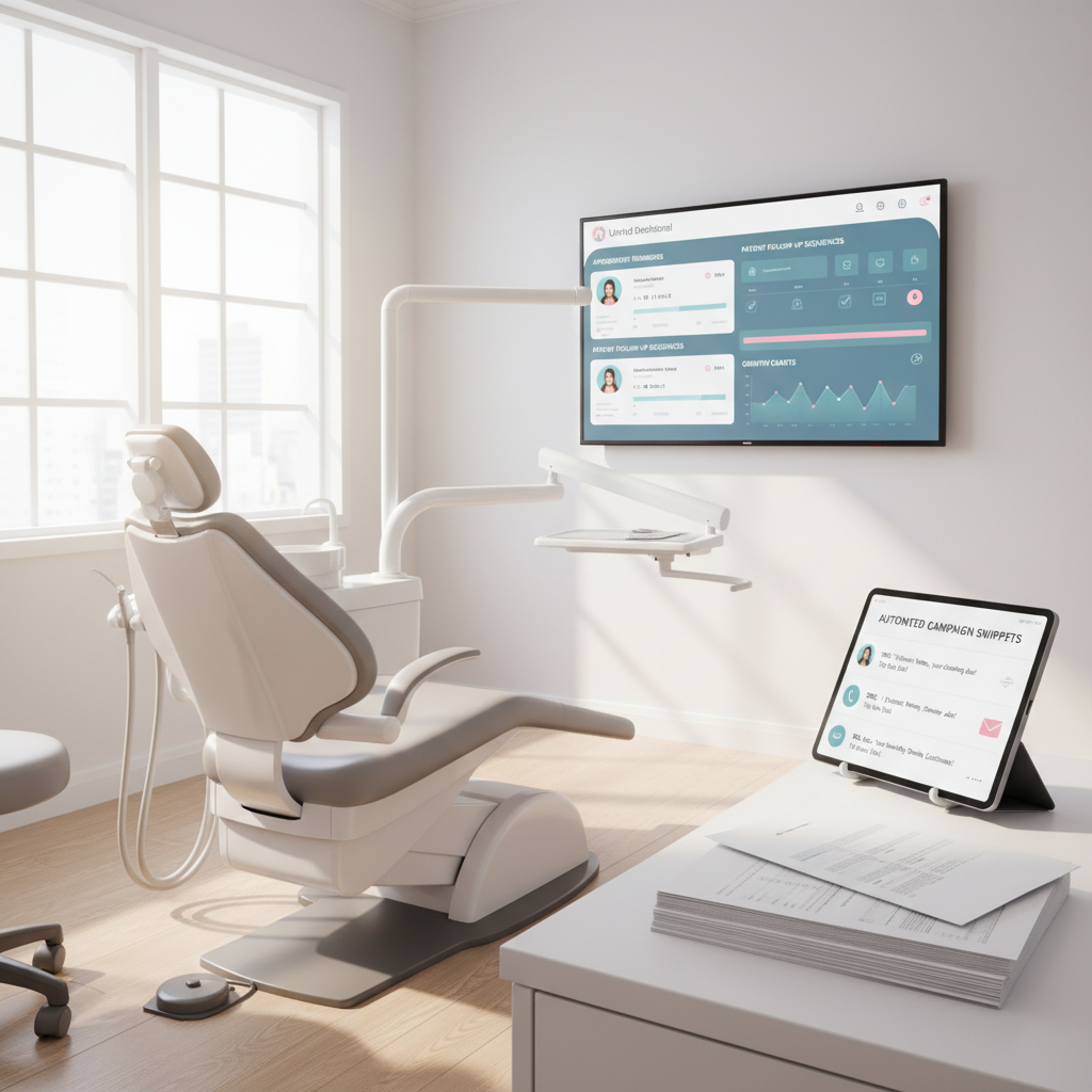Modern dental treatment room with digital dashboard, patient notes, and AI-driven communication tools.