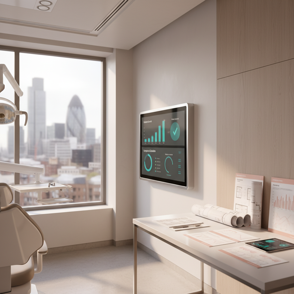 Modern dental treatment room with digital dashboard, blueprints, reports, and city skyline view.