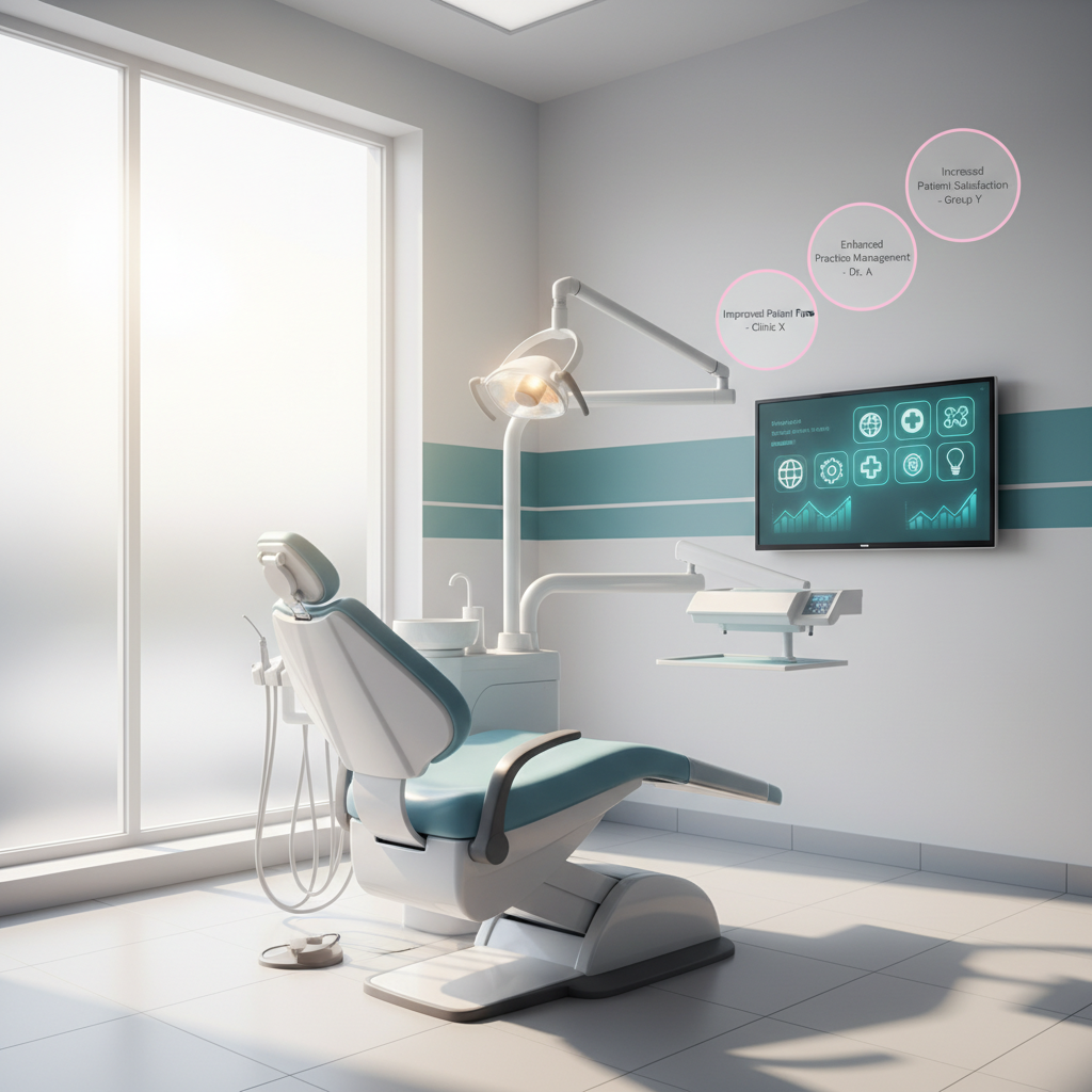Modern dental treatment room with digital dashboard, testimonial bubbles, and soothing color palette.