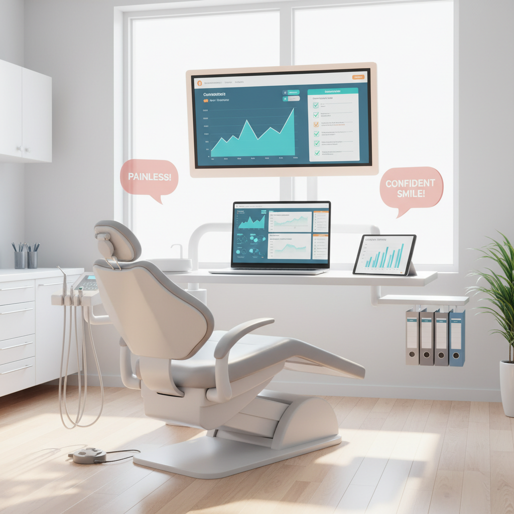 Modern dental treatment room with digital dashboard, workspace, and layered documents.