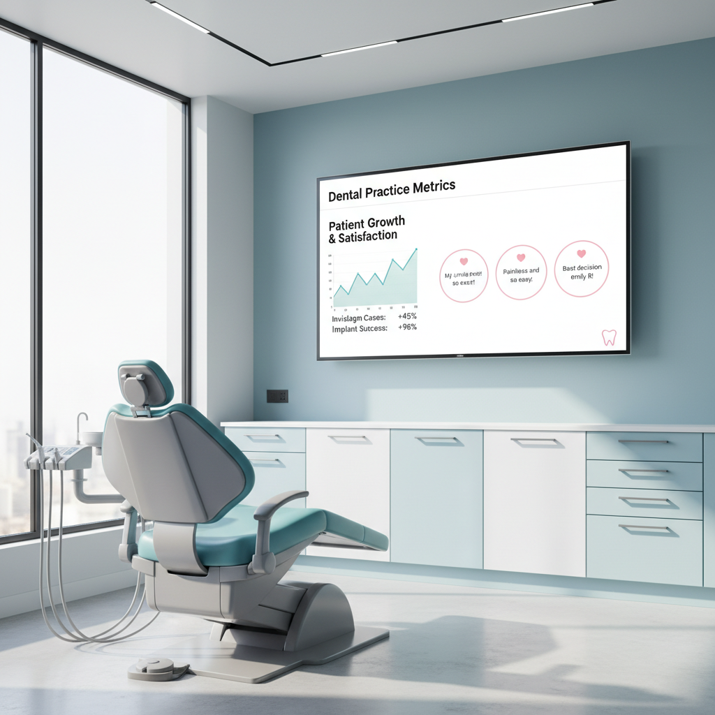 Modern dental treatment room with digital dashboard displaying growth charts and testimonials.
