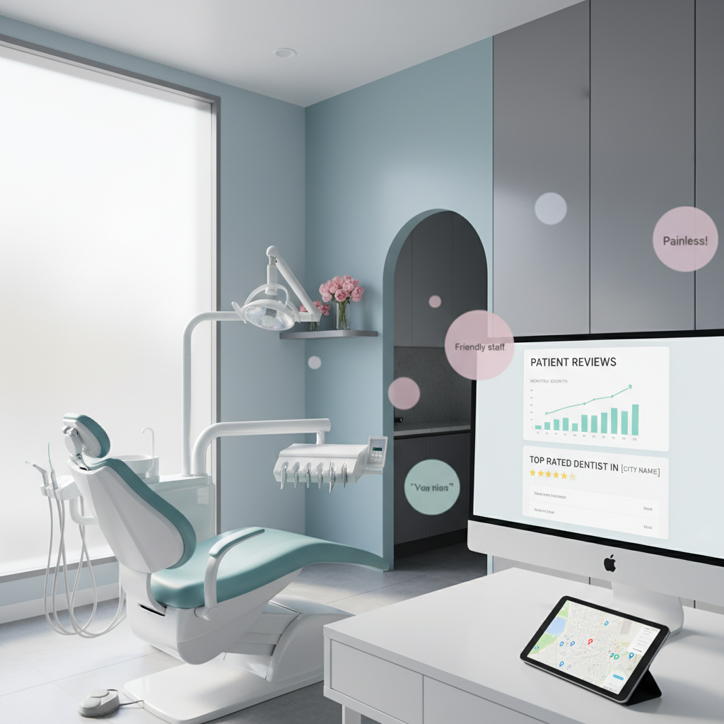 Modern dental treatment room with digital dashboard, patient reviews, and growth charts.