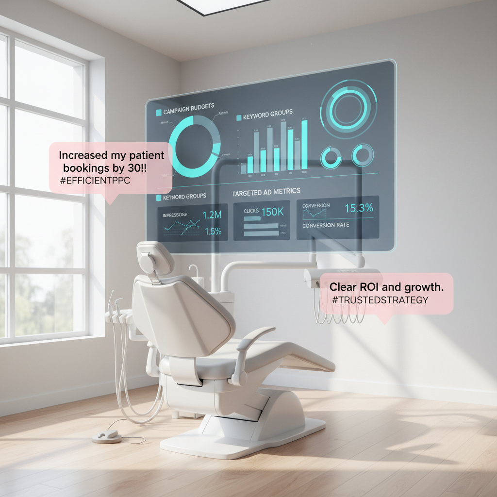 Modern dental treatment room with digital dashboard displaying campaign data and testimonial bubbles.