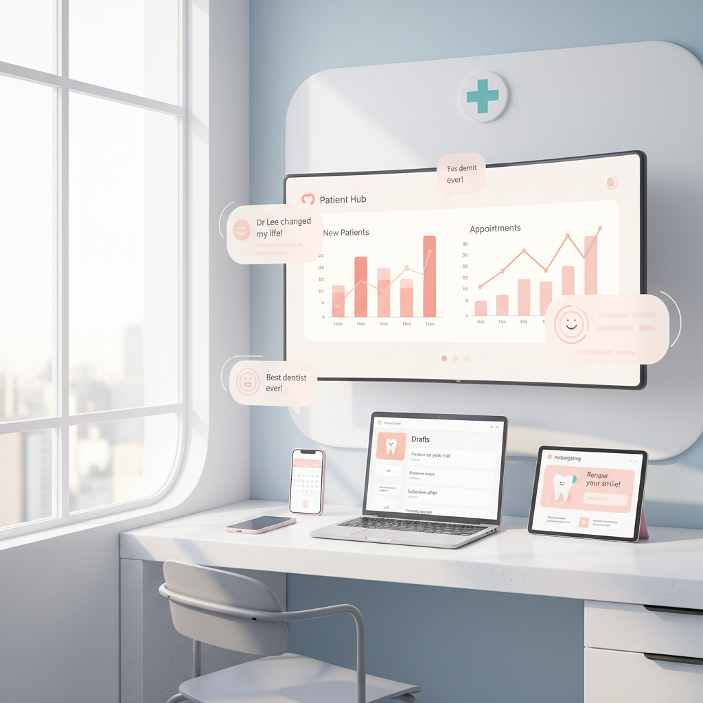 Modern dental treatment room with digital devices, growth charts, and patient engagement accents.