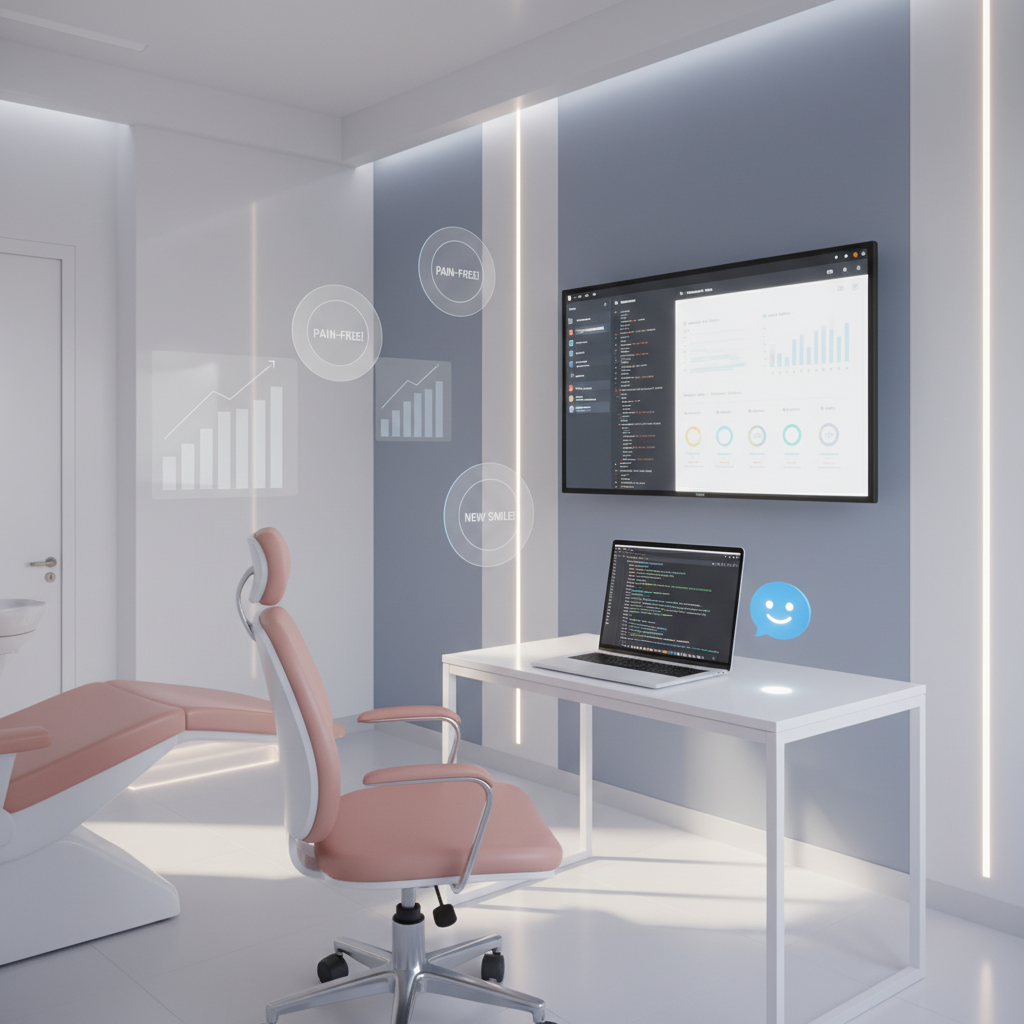 Modern dental treatment room with digital workspace, chatbot, testimonials, and growth charts.