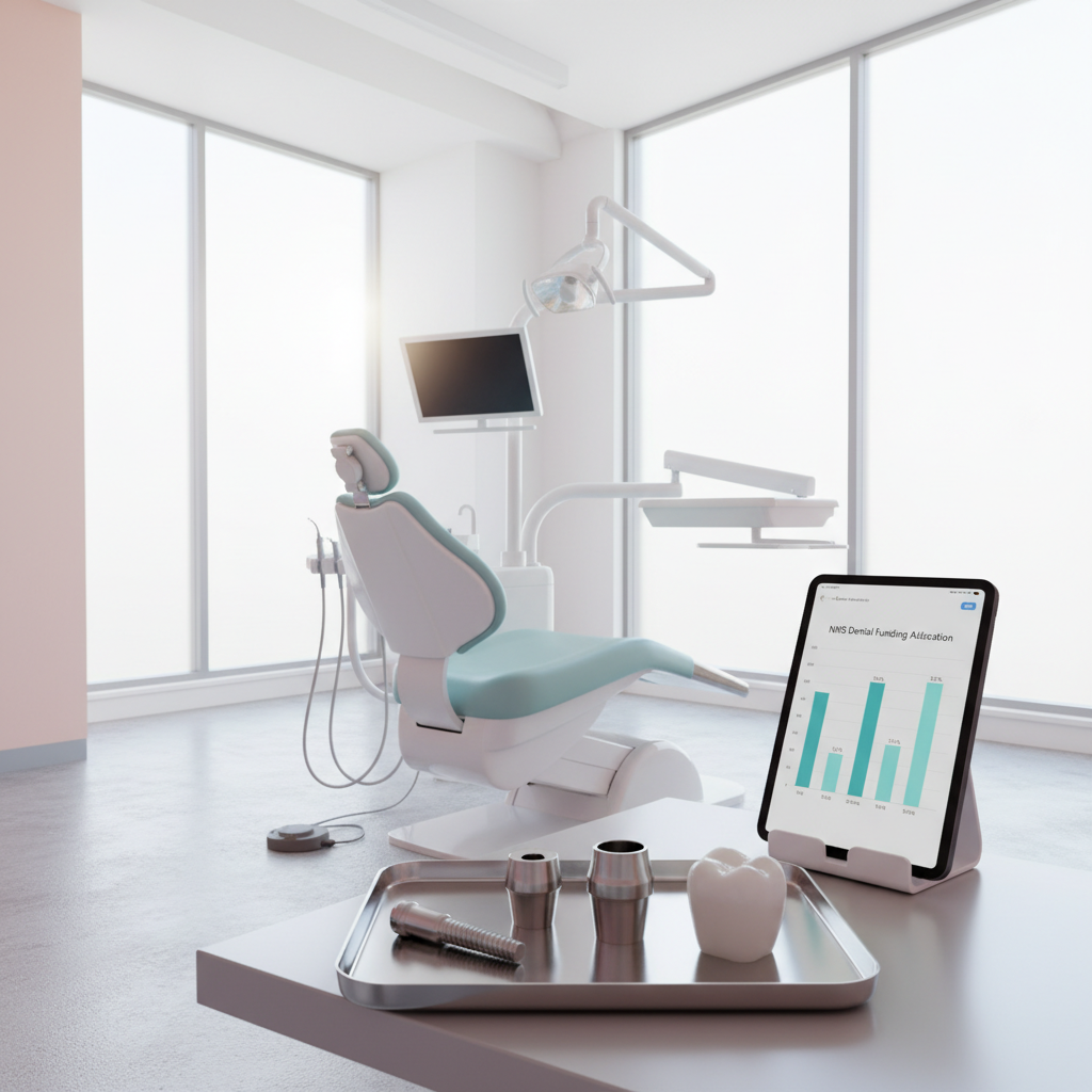 Modern dental treatment room with implant components and NHS funding chart on tablet.