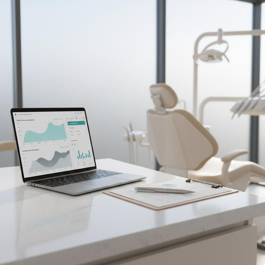Modern dental treatment room with laptop displaying performance data and ROI charts.