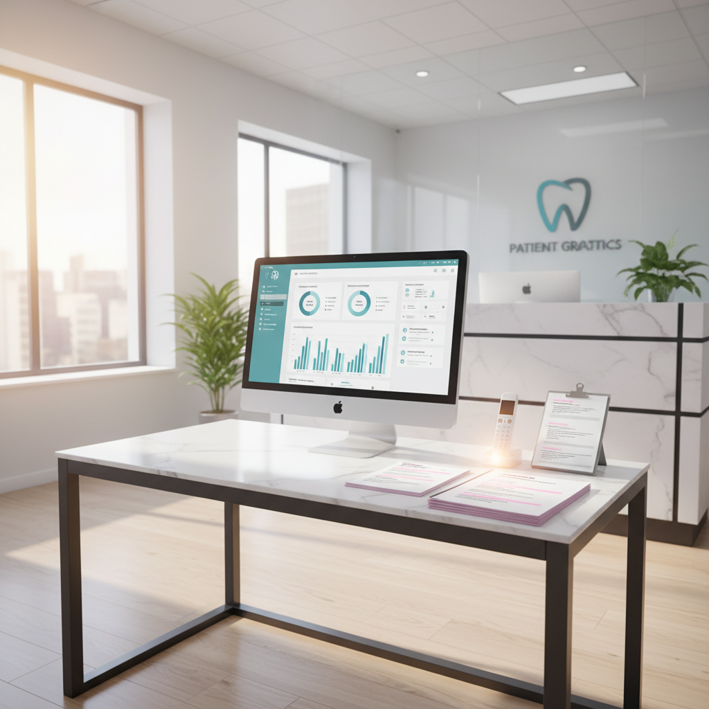 Modern dental workspace with computer, dental dashboard, consultation scripts, and reception area.