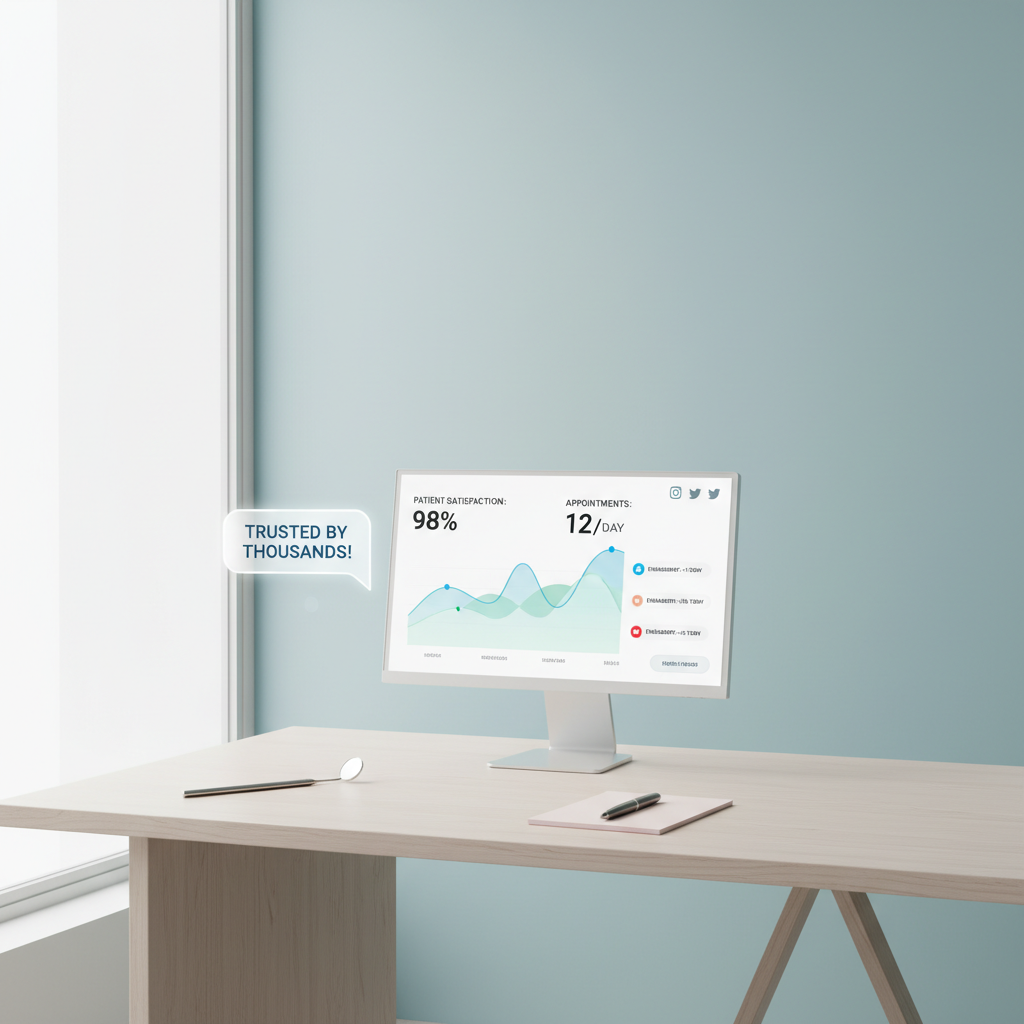 Modern dental workspace with computer displaying analytics, dental tools, notepad, and testimonial bubble.