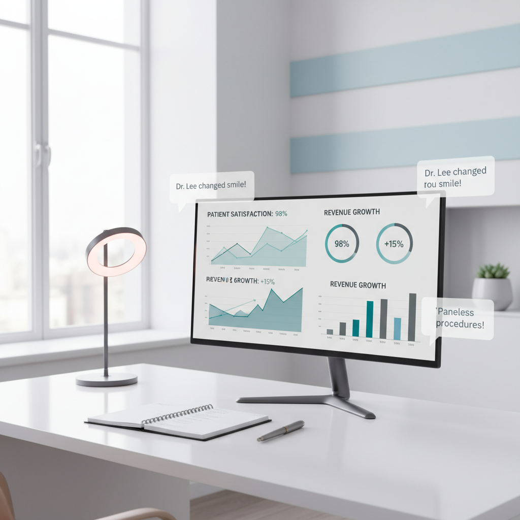 Modern dental workspace with computer displaying growth charts, planner, lamp, and testimonial bubbles.