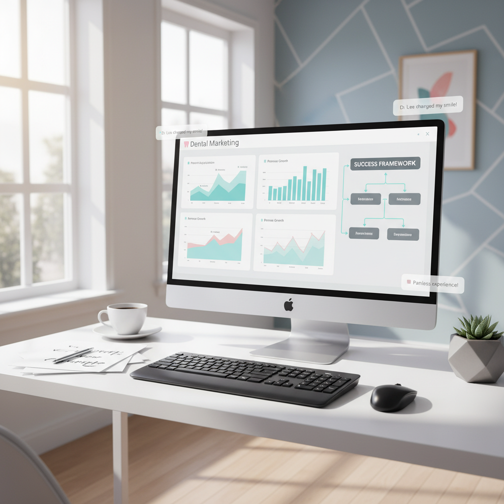 Modern dental workspace with computer displaying marketing dashboard, notes, and coffee.