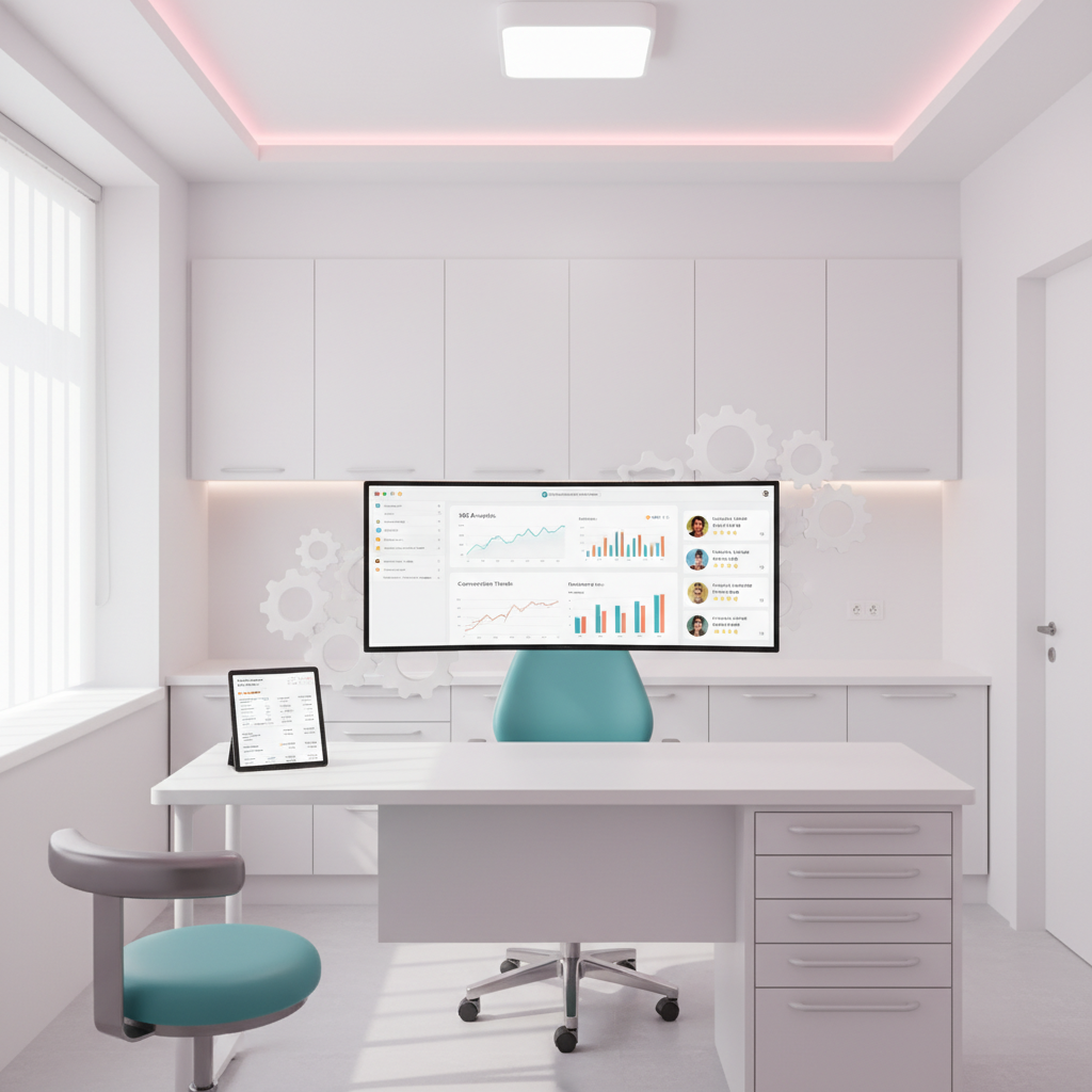 Modern dental workspace with computer displaying SEO analytics and marketing dashboard.