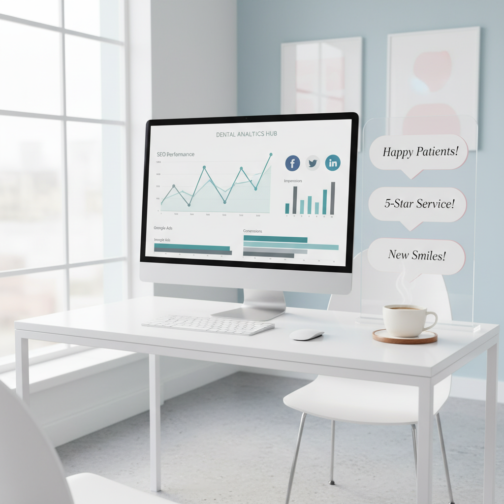 Modern dental workspace with computer displaying SEO, social media, and Google Ads metrics.