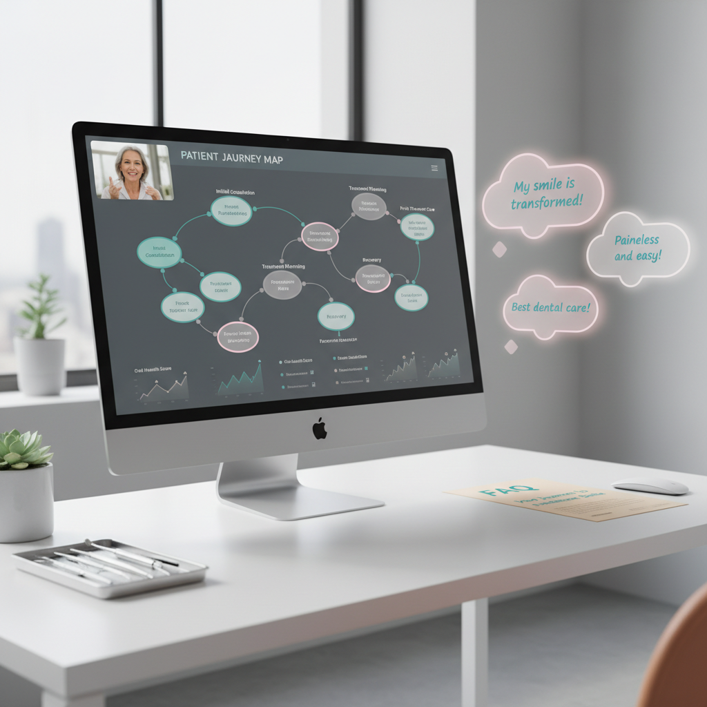 Modern dental workspace with computer, patient story video call, testimonial bubbles, and FAQ.