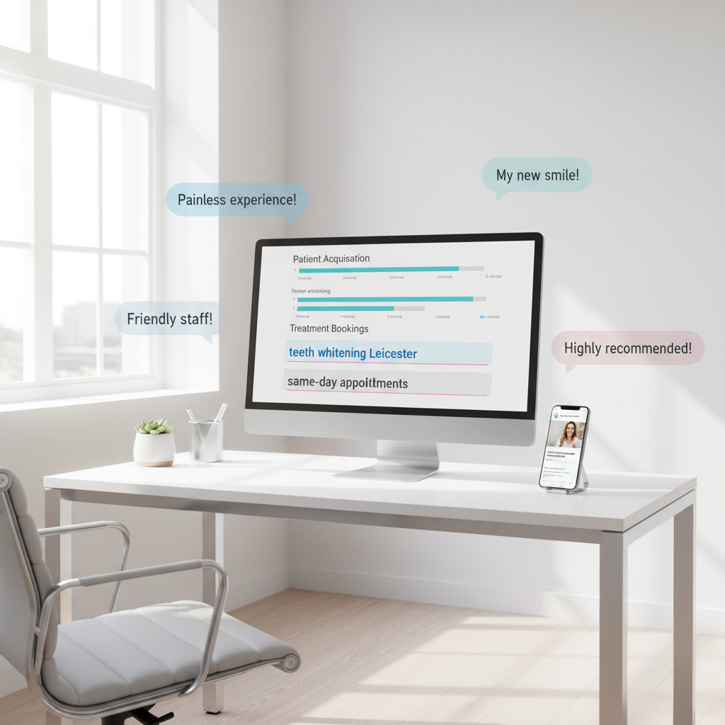 Modern dental workspace with computer, smartphone, testimonial bubbles, and clinical tones.