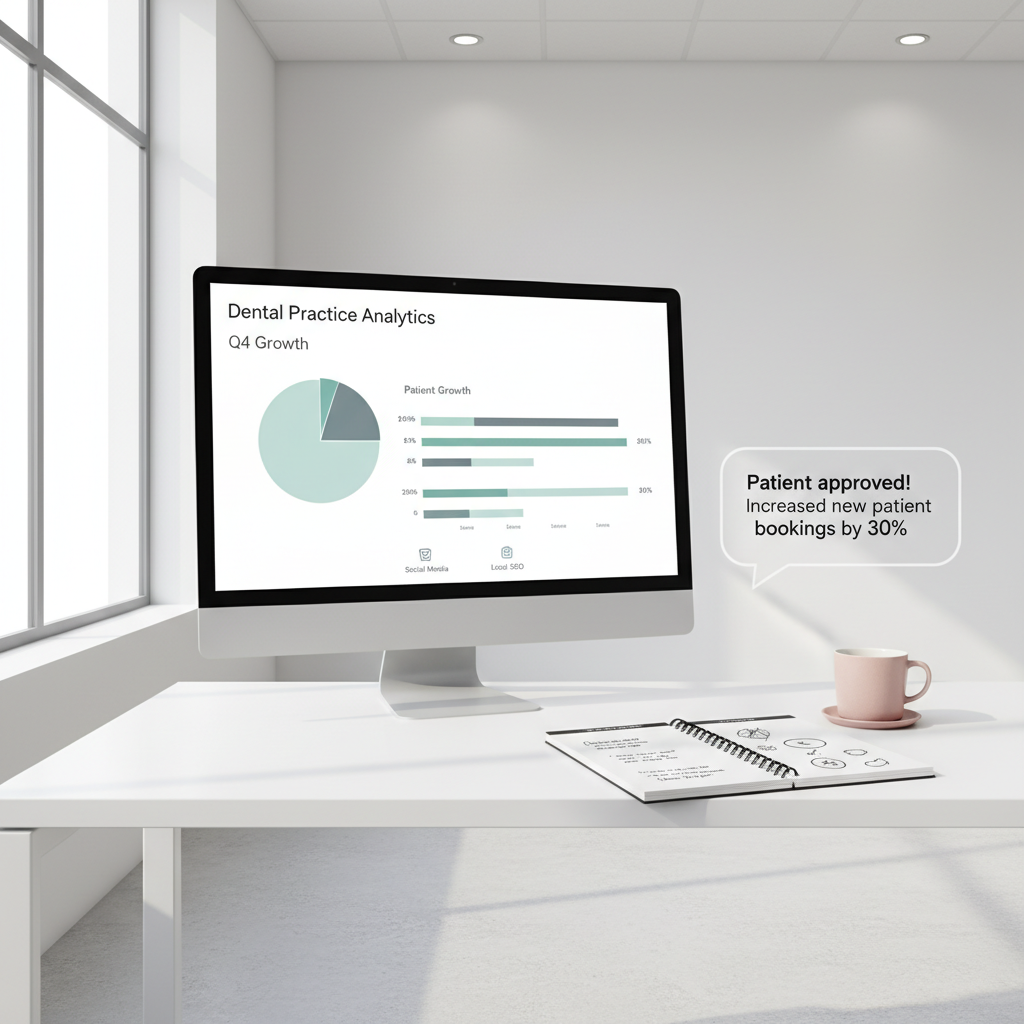 Modern dental workspace with dashboard, planner, coffee, and testimonial bubble in bright, clean setting.