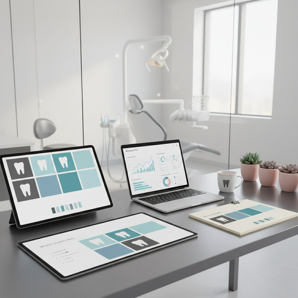 Modern dental workspace with digital dashboard, branding materials, SEO analytics, and treatment room.