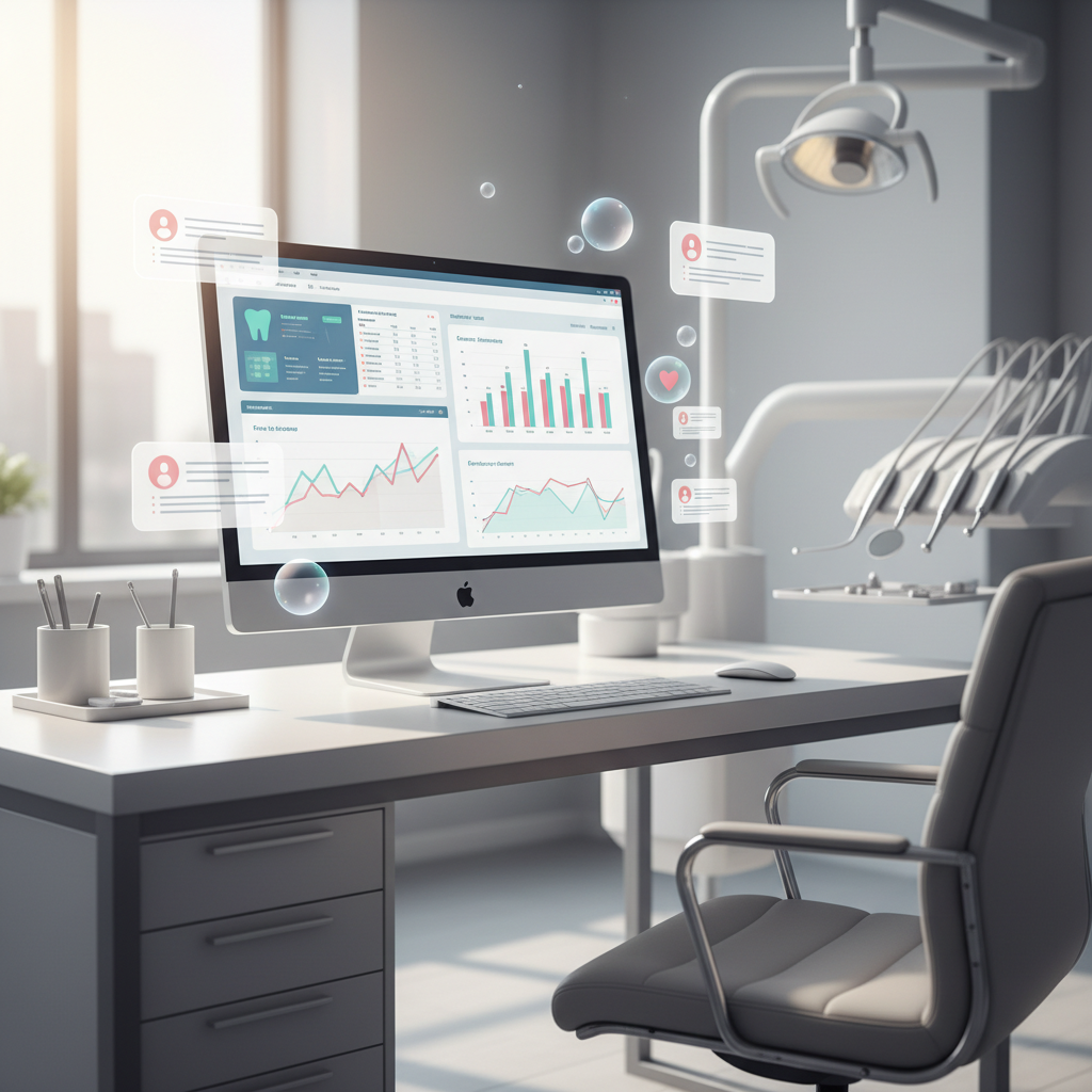 Modern dental workspace with digital dashboard, floating testimonials, and clinical tools in background.