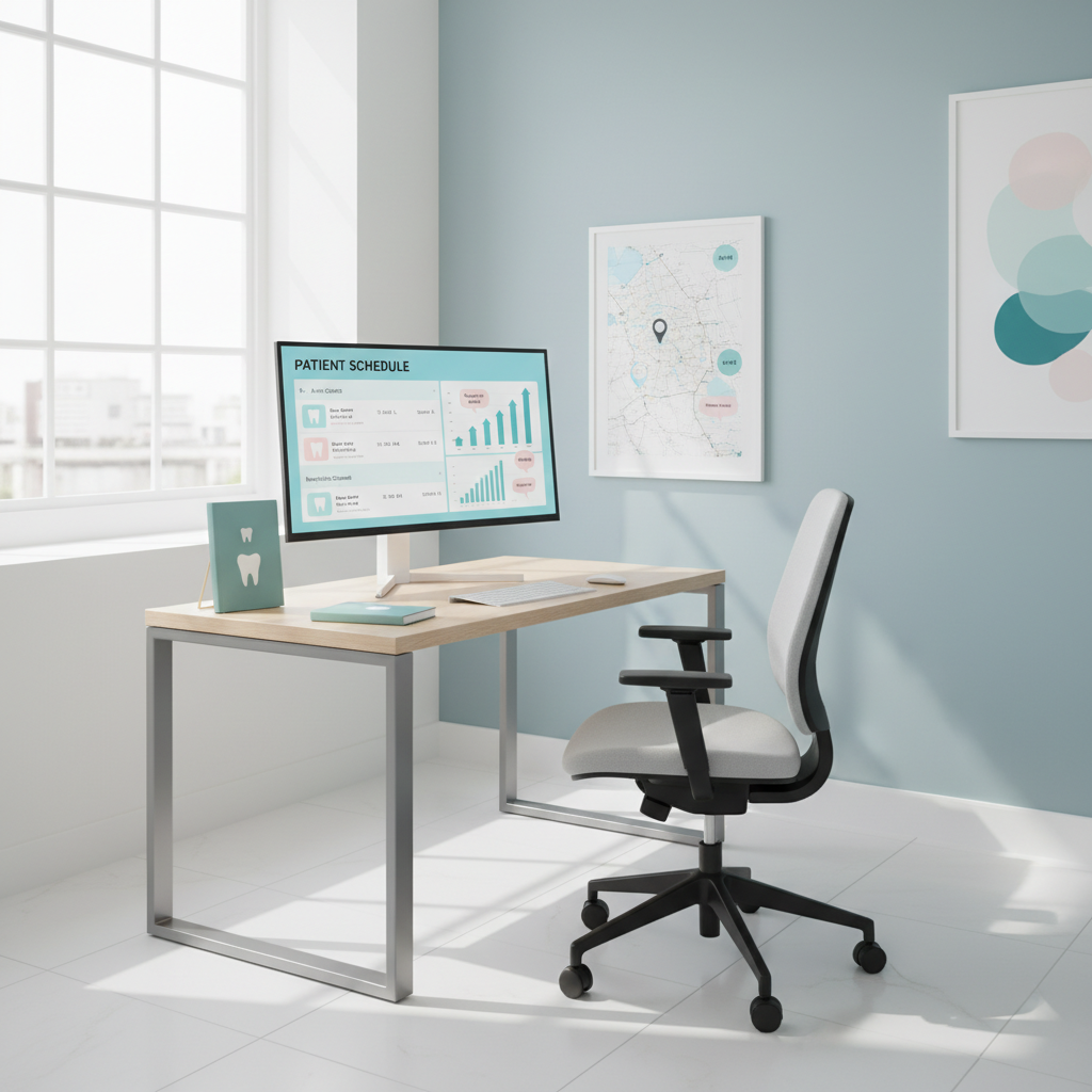 Modern dental workspace with digital dashboard, growth charts, testimonial bubbles, and London map.
