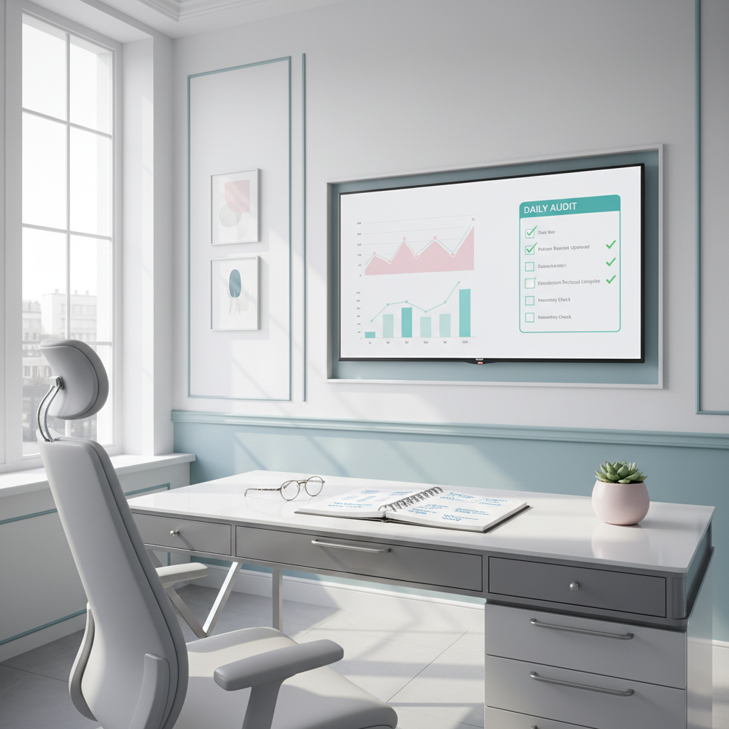 Modern dental workspace with digital dashboard, notes, glasses, and clinical tones.