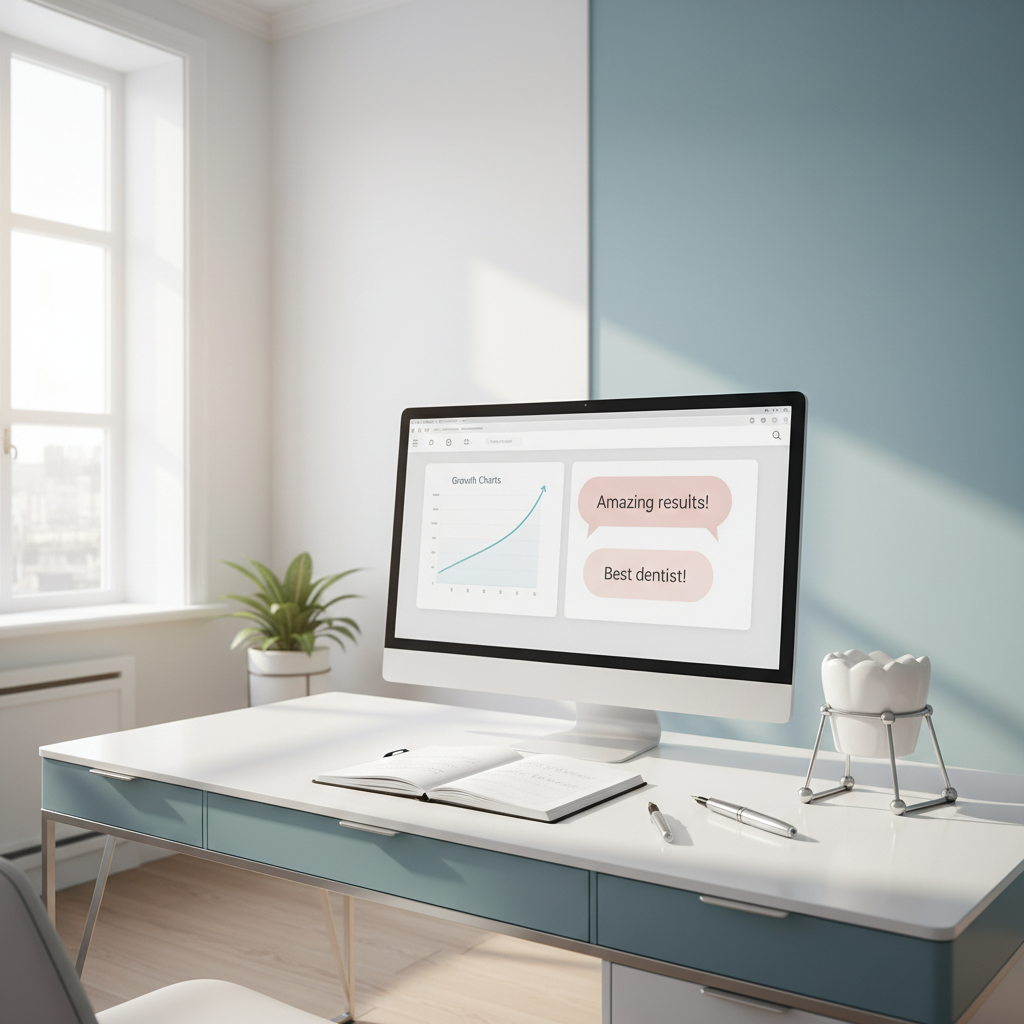 Modern dental workspace with digital dashboard, notes, and dental model in bright, clean room.
