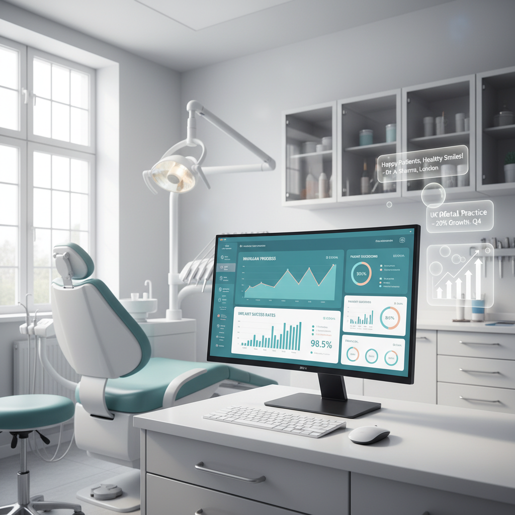 Modern dental workspace with digital dashboards, testimonial bubbles, and growth charts in bright, clinical setting.