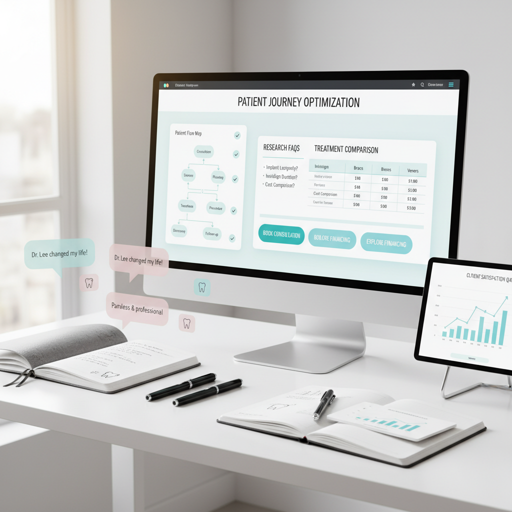 Modern dental workspace with digital patient data, notes, testimonials, and growth charts.