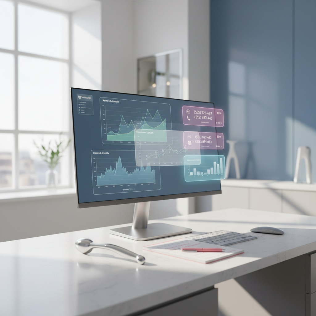 Modern dental workspace with digital screen, dental tools, notepad, and calming clinic colors.