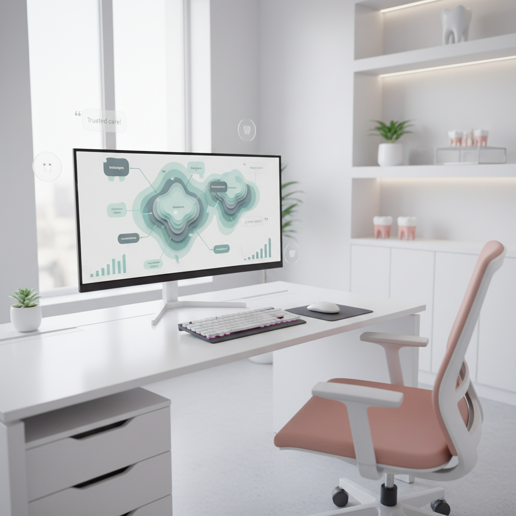 Modern dental workspace with digital screen displaying keyword maps and growth charts.