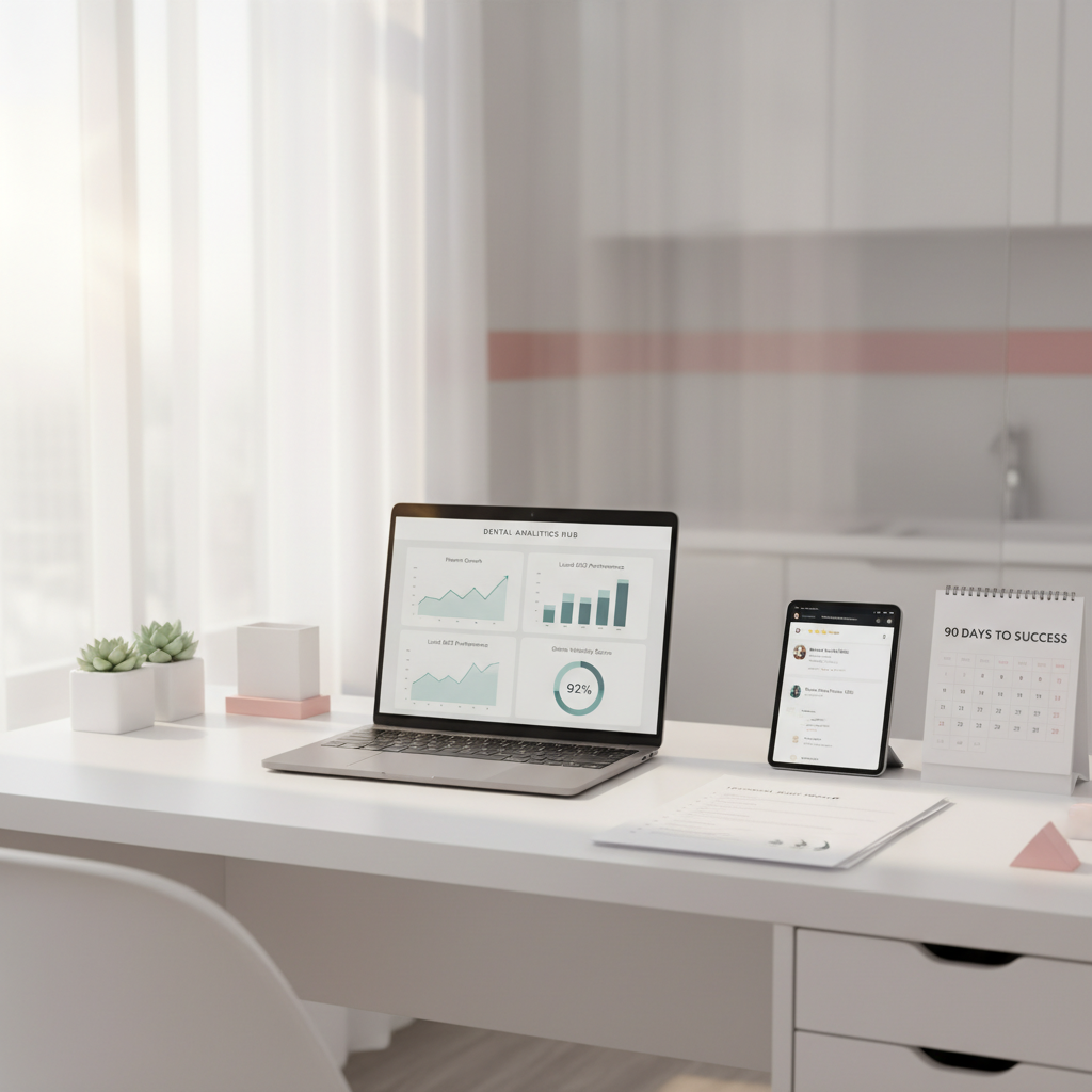 Modern dental workspace with laptop, audit printouts, tablet, and calendar in bright clinic setting.