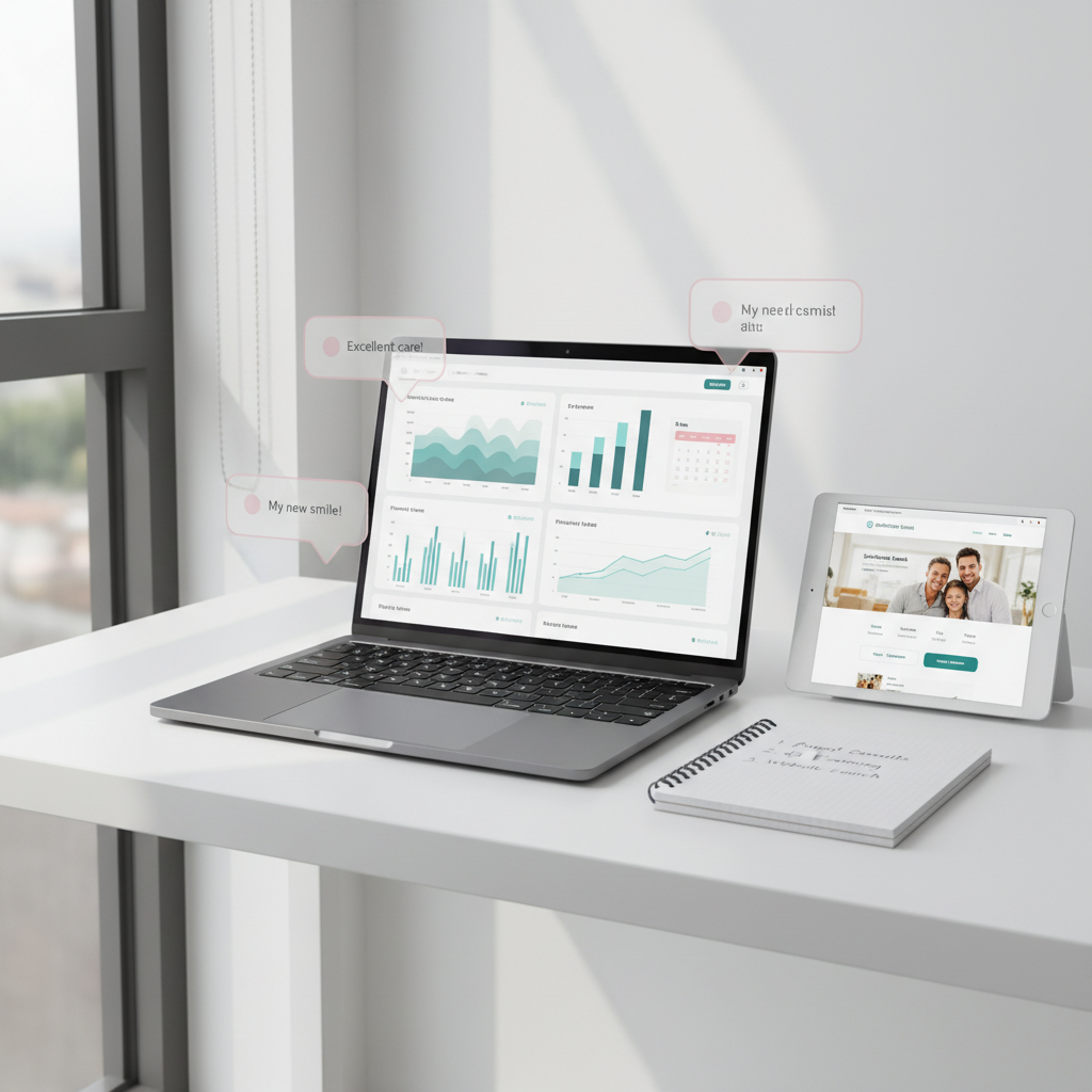Modern dental workspace with laptop, calendar, testimonial bubbles, notepad, and tablet.