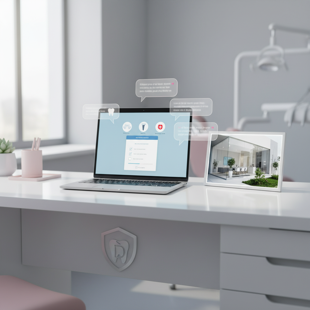 Modern dental workspace with laptop displaying digital dashboard, logo, and dental clinic exterior.