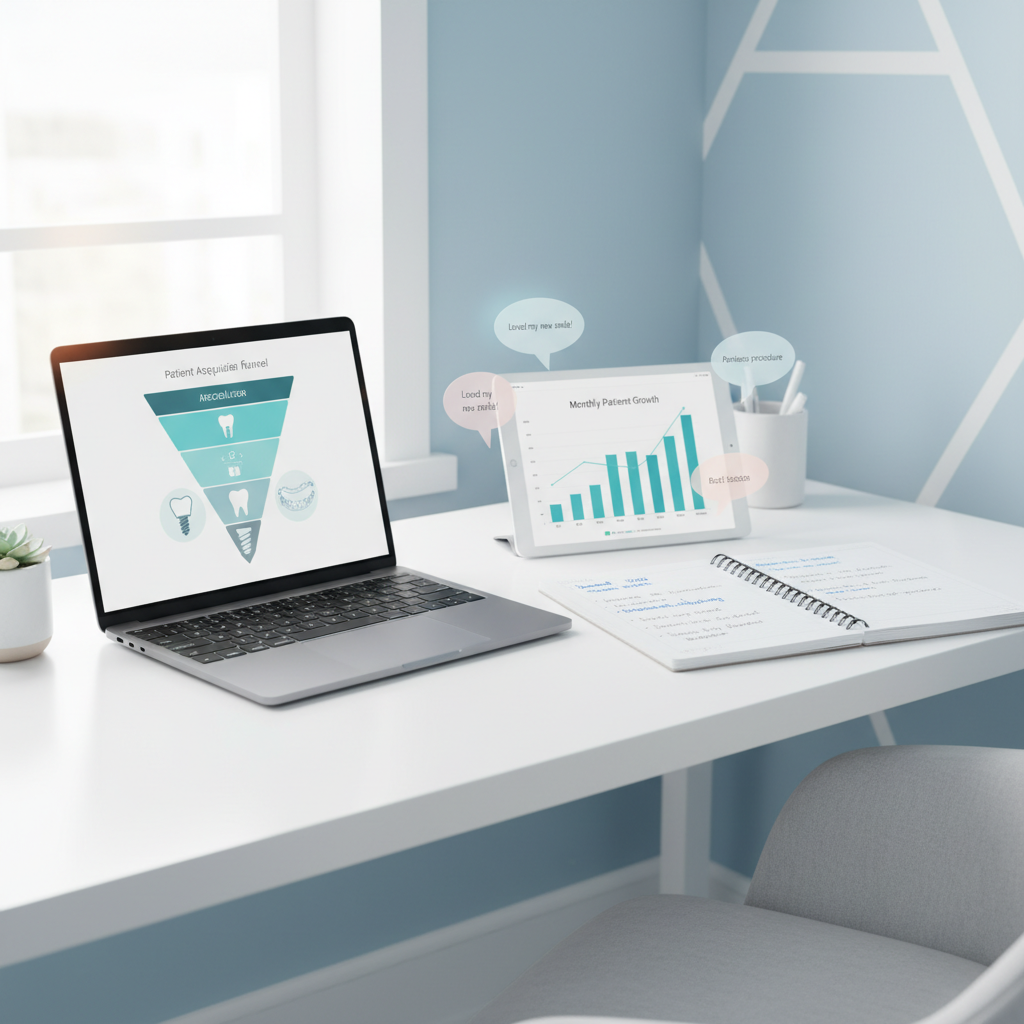 Modern dental workspace with laptop, notebook, tablet, and growth charts in clinical tones.