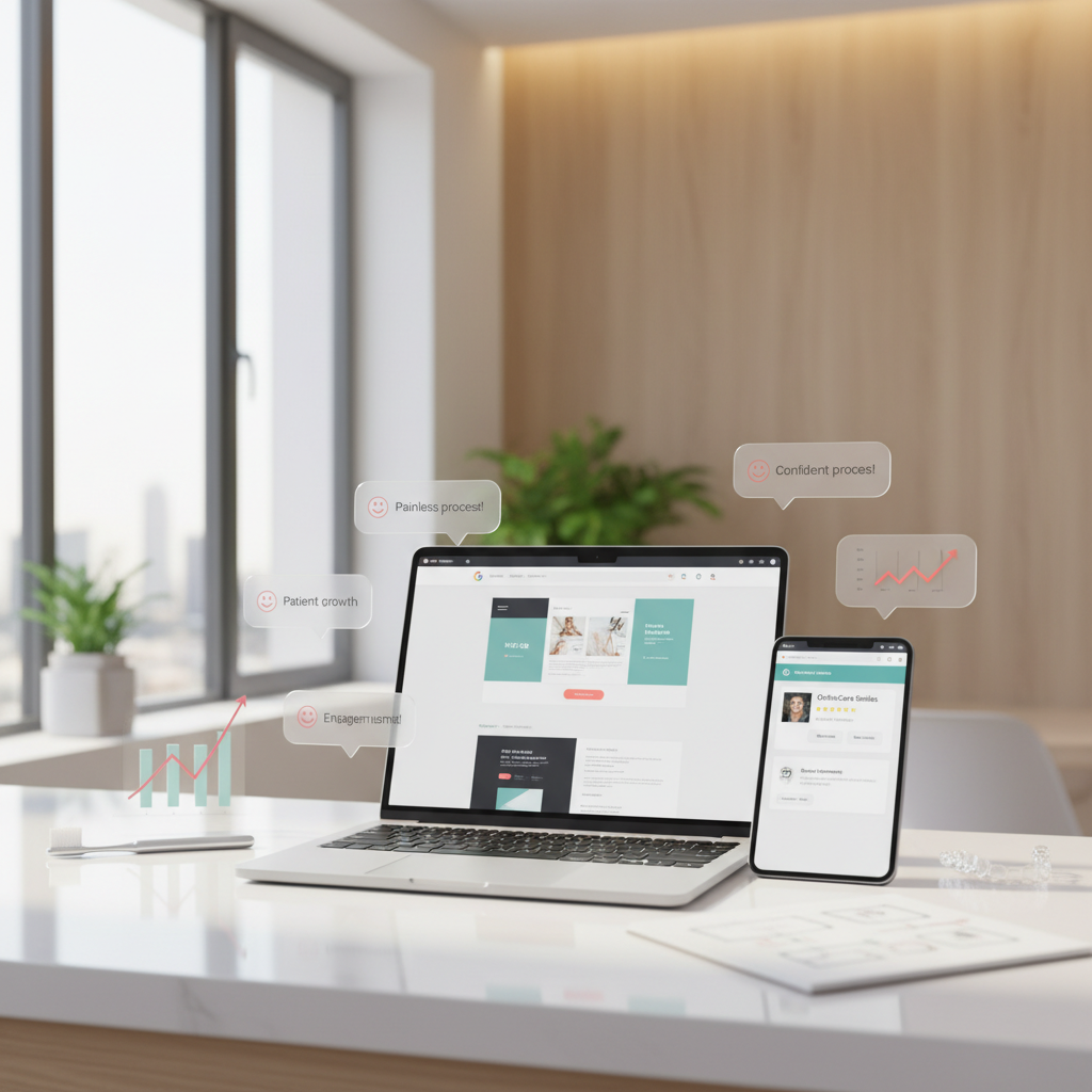 Modern dental workspace with laptop, tablet displaying website wireframes, testimonials, and growth charts.