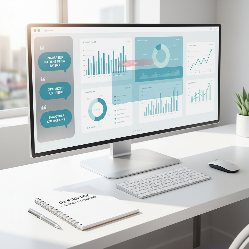 Modern dental workspace with monitor displaying campaign charts, testimonials, and growth graphs.