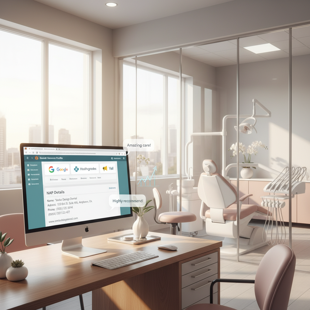Modern dental workspace with open tabs, testimonials, and growth charts in bright, clean setting.