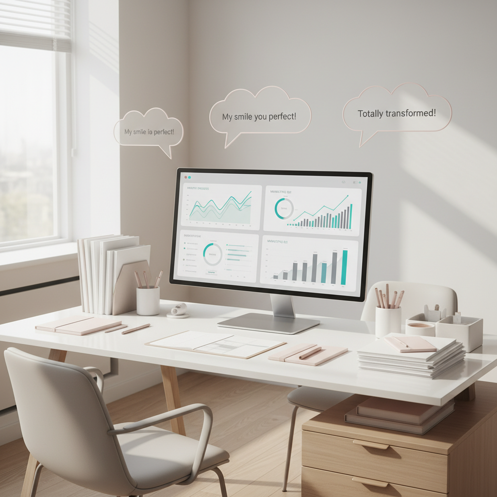 Modern orthodontic clinic workspace with digital growth charts, patient files, and testimonial bubbles.