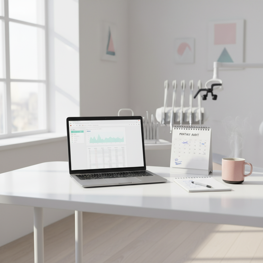 Bright dental office workspace with laptop, calendar, notepad, pink mug, and blurred dental tools.