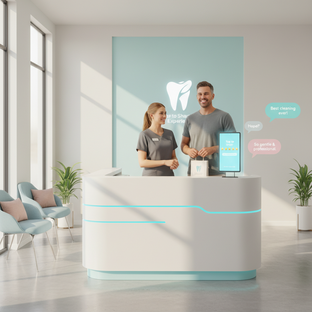 Calm dental reception with smiling patient, receptionist, digital review prompts, bright modern decor.