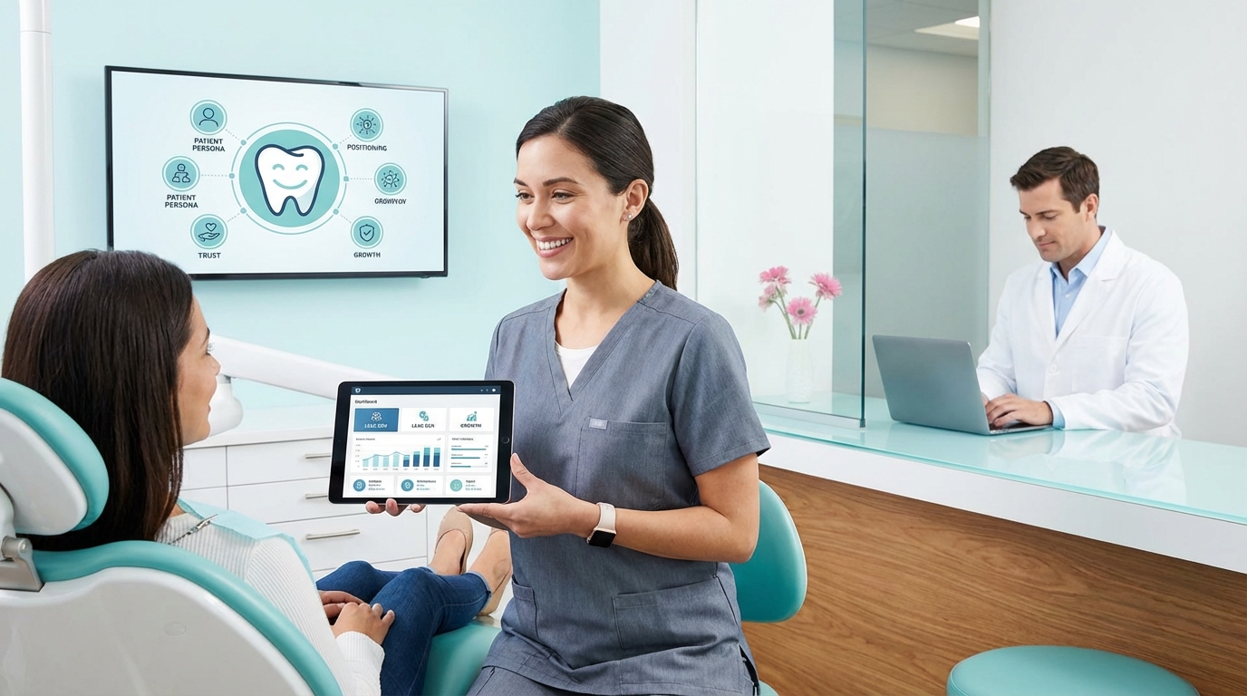 Strategic branding framework showing positioning statement template and patient persona development for UK dental practices