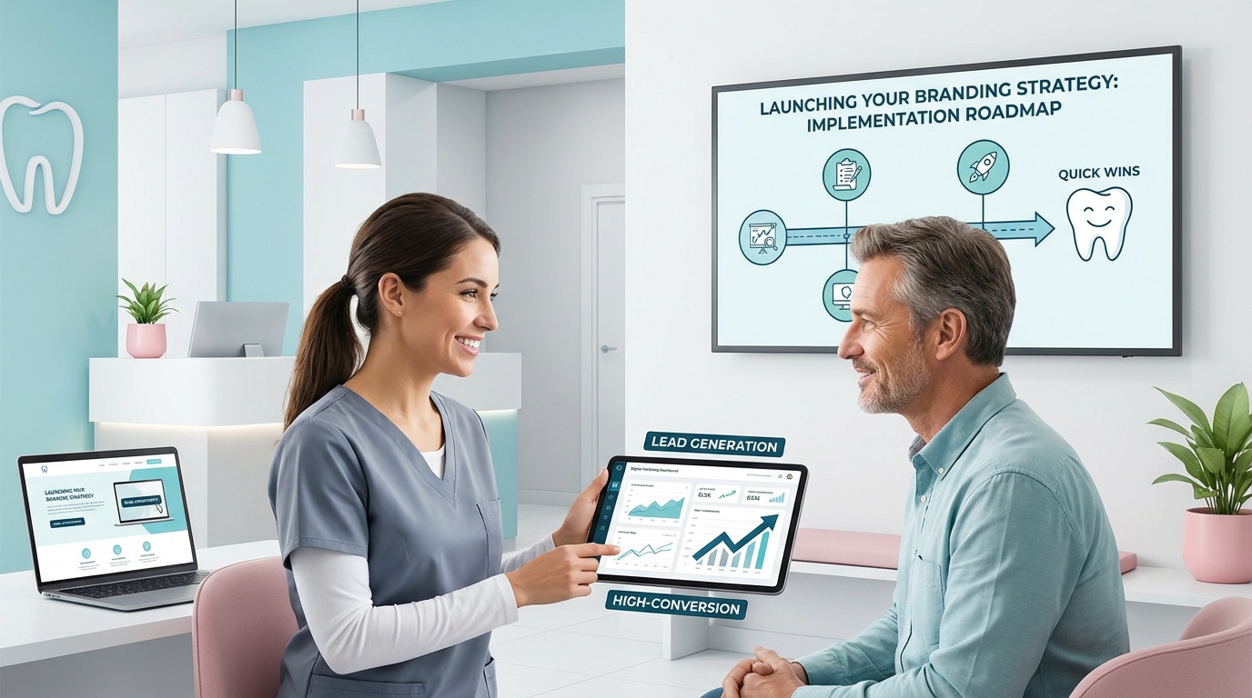 Month-by-month dental practice branding implementation timeline showing digital touchpoint updates and conversion optimization strategies