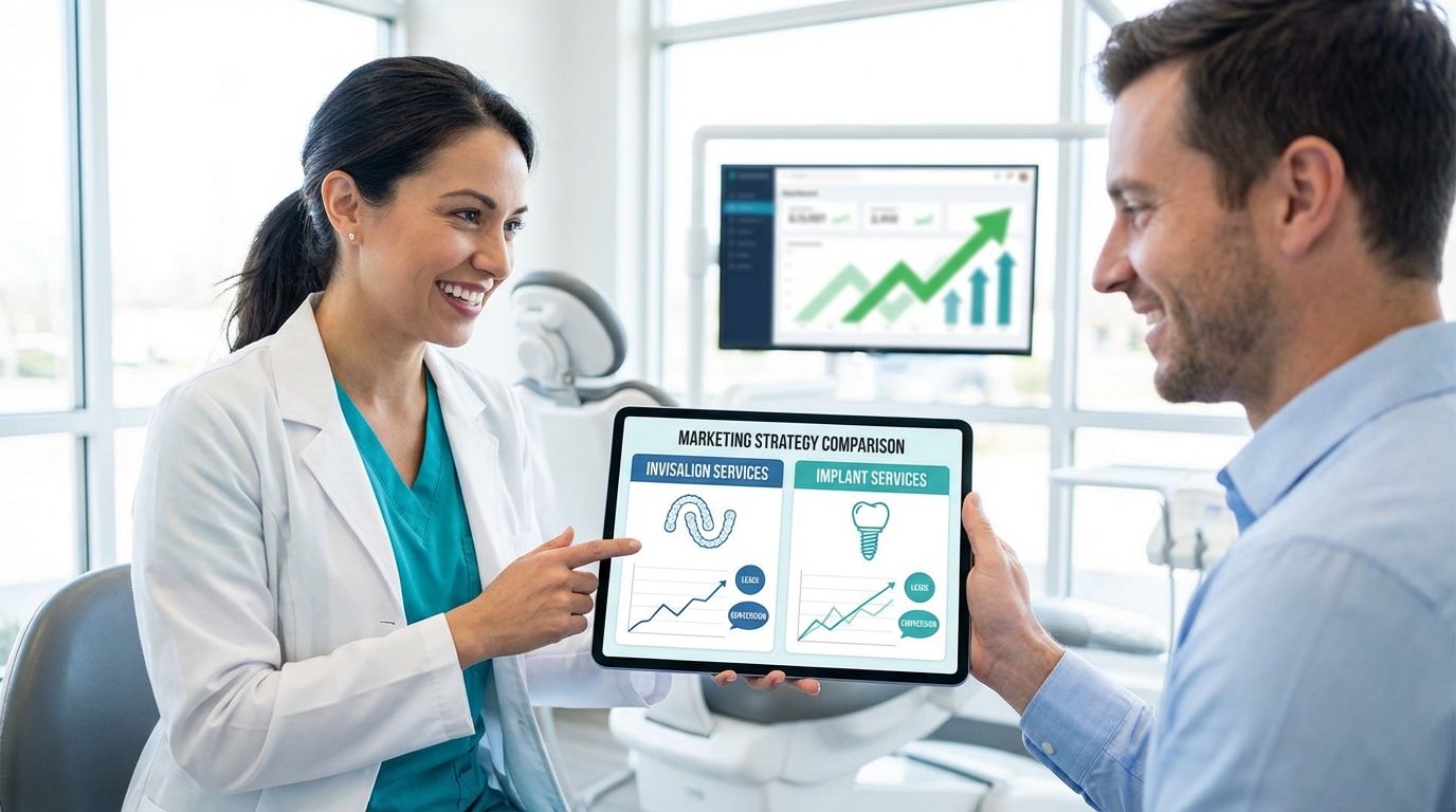 Invisalign marketing vs implant marketing services comparison.