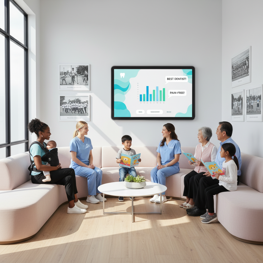 Modern dental clinic waiting area with staff, children, educational materials, and digital dashboard.