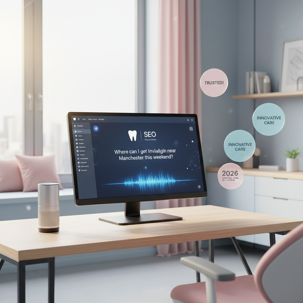 Modern dental clinic with digital dashboard, voice assistant, and patient testimonials in warm lighting.