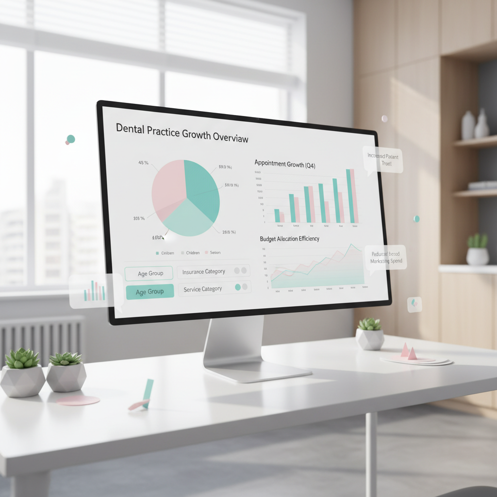 Modern dental clinic workspace with a computer displaying audience data, testimonials, and growth graphs.