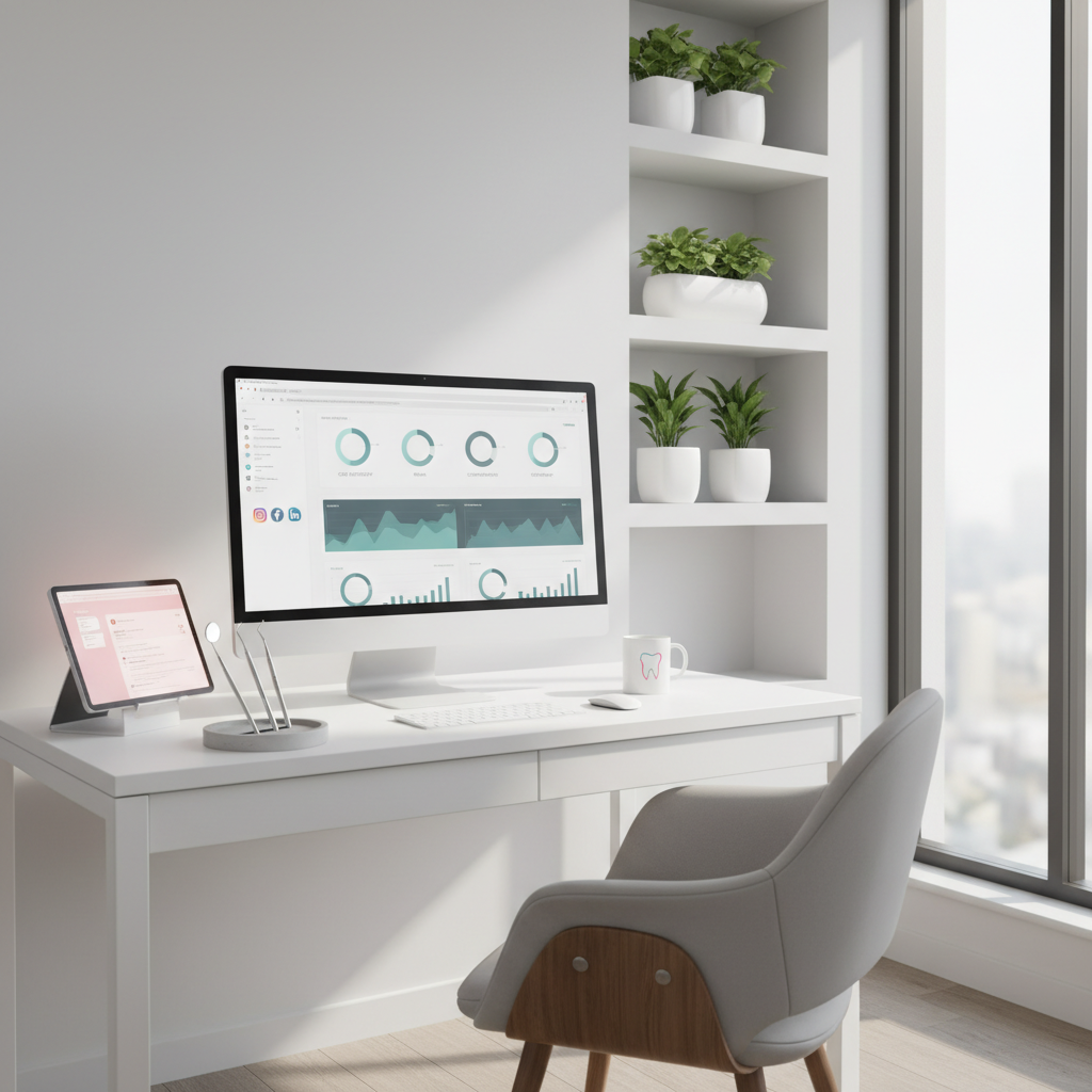 Modern dental clinic workspace with charts, email drafts, social icons, and dental tools.