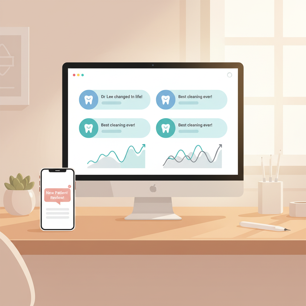 Modern dental clinic workspace with computer displaying patient reviews and growth charts.